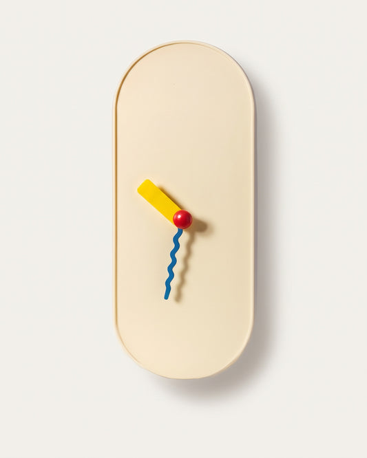 Orologio da parete WAVY in stile Bauhaus, quadrante ovale crema con lancette gialla, rossa e blu ondulata